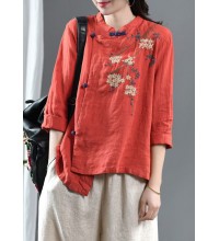 Loose Orange Embroideried Floral Linen Top Half Sleeve